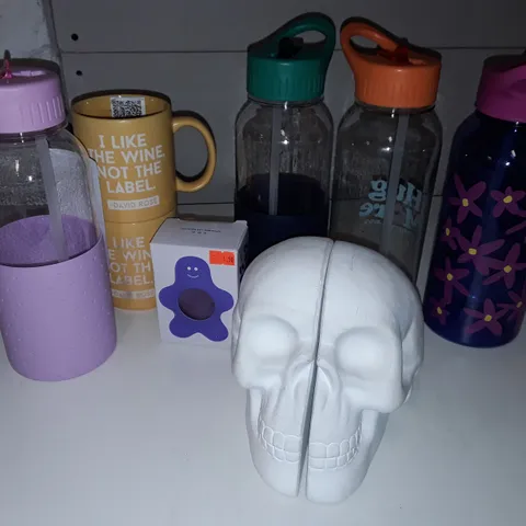 LOT OF 12 ASSORTED ITEMS TO INCLUDE SKULL THEMED BOOK ENDS AND DRINKS CONTAINERS 