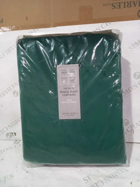 JOHN LEWIS PAIR OF PENCIL PLEAT CURTAINS VELVET EMERALD GREEN