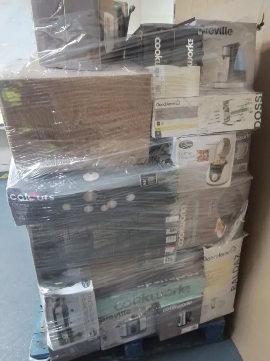 PALLET OF ASSORTED HOUSEHOLD ITEMS TO INCLUDE RUSSELL HOBBS KETTLE, QUEST ELECTRIC WOK AND COOKWORKS TOASTER