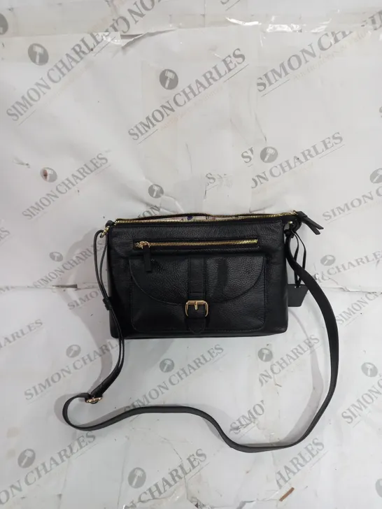 BOXED ASHWOOD LEATHER BAG IN BLACK WITH GOLD ACCENTS AND FLORAL INTERIOR