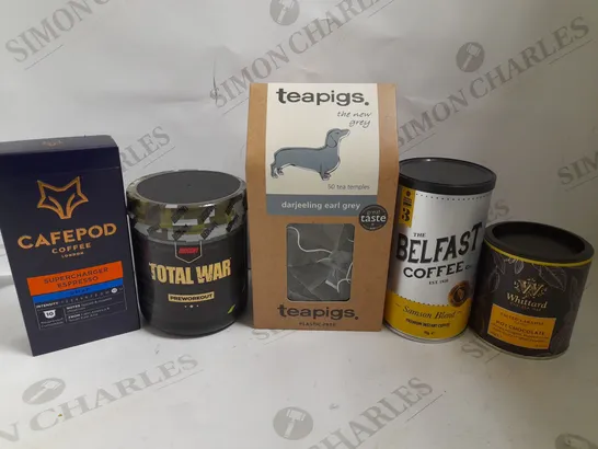 BOX OF APPROX 10 ITEMS TO INCLUDE TEAPIGS EARL GREY TEABAGS, TOTAL WAR PRE WORKOUT POWDER, THE BELFAST COFFEE CO INSTANT COFFEE