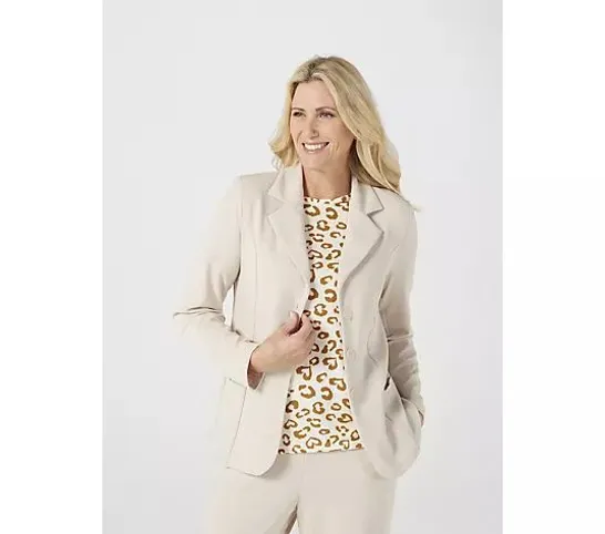 KIM & CO PONTE CREPE BUTTON FRONT POCKET BLAZER STANDARD- BIRCH 3XL