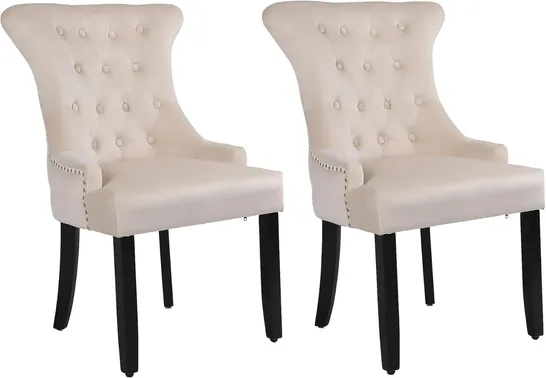 BOXED NEO SET OF 2 UPHOLSTERED CHAIRS HIGH BACK CRUSHED VELVET DINING CHAIRS WITH BUTTONS AND WOODEN LEGS - CREAM (1 BOX)