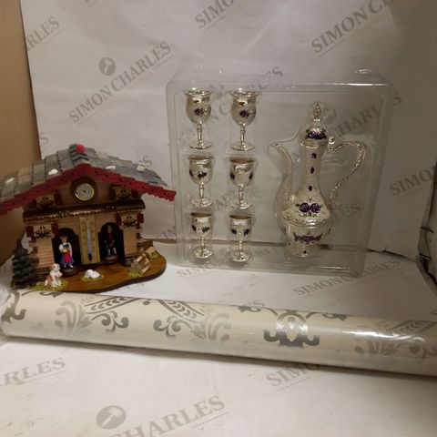 LOT OF APPROXIMATELY 20 ASSORTED HOUSEHOLD ITEMS, TO INCLUDE CUCKOO STYLE CLOCK, TEA SET, PATTERNED PAPER, ETC