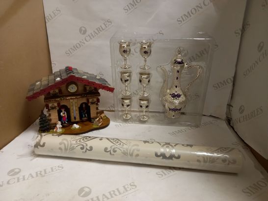 LOT OF APPROXIMATELY 20 ASSORTED HOUSEHOLD ITEMS, TO INCLUDE CUCKOO STYLE CLOCK, TEA SET, PATTERNED PAPER, ETC