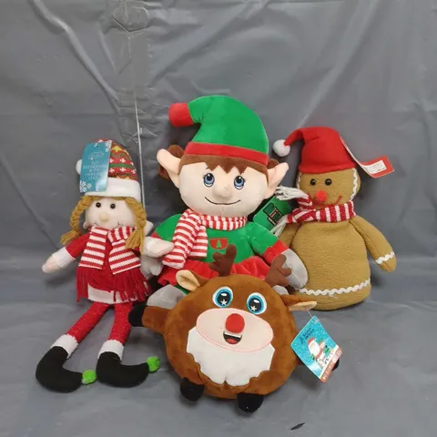 LOT OF 4 FESTIVE PLUSH SOFT TOYS TO INCLUDE AND ELF AND REINDEER