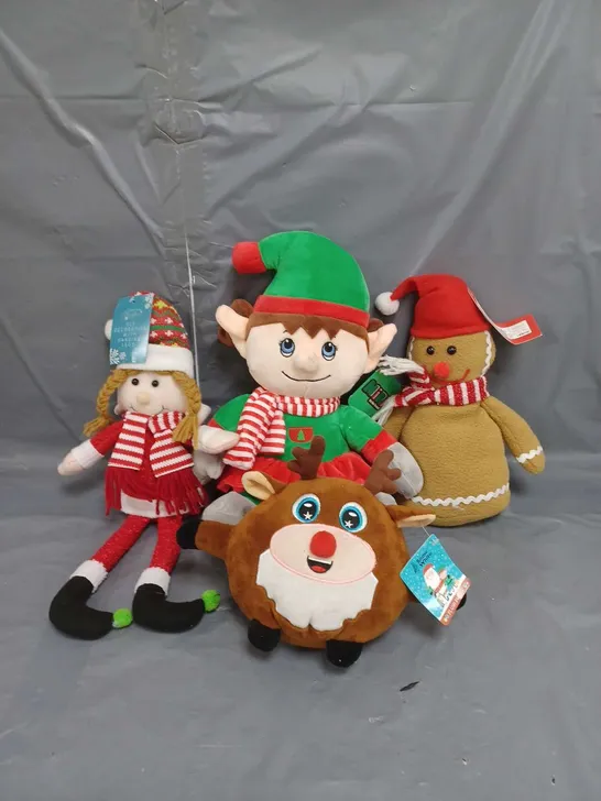 LOT OF 4 FESTIVE PLUSH SOFT TOYS TO INCLUDE AND ELF AND REINDEER