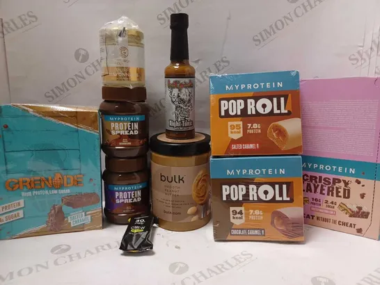 LOT OF APPROX 9 ASSORTED FOOD ITEMS TO INCLUDE GRENADE SALTED CARAMEL BARS, PROTEIN SPREAD CHOC HAZELNUT, HOT PODS NIGHT TONIC GARLIC HOT SAUCE, ETC 