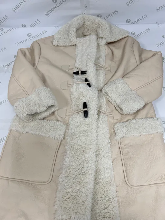 OASIS PREMIUM FAUX SHEARLING LONGLINE DUFFLE COAT IN NEUTRAL SIZE 10