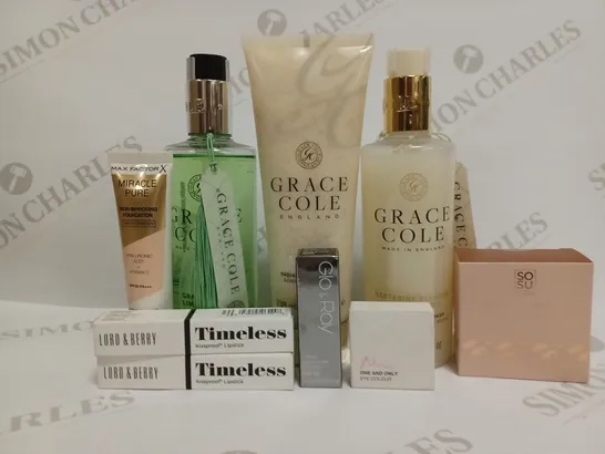 BOX OF APPROXIMATELY 20 ITEMS INCLUDING GRACE COLE HAND WASH, LILY LOLO CREAM FOUNDATION. LORD&BERRY KISSPROOF LIPSTICK 