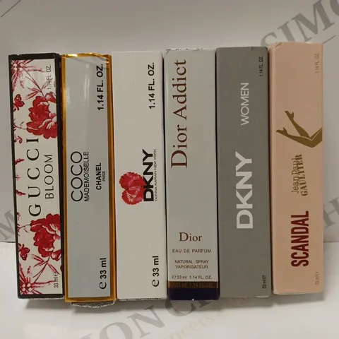 BOX OF APPROX 6 ASSORTED MINI FRAGRANCES TO INCLUDE CHANEL COCO MADAMOISELLE EAU DE PARFUM, DIOR DIOR ADDICT EAU DE PARFUM, GUCCI BLOOM EAU DE PARFUM, ETC 