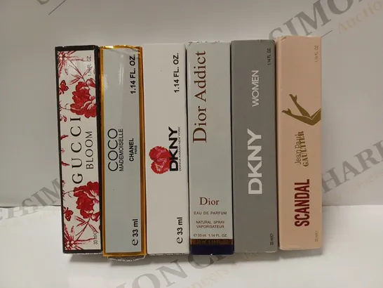 BOX OF APPROX 6 ASSORTED MINI FRAGRANCES TO INCLUDE CHANEL COCO MADAMOISELLE EAU DE PARFUM, DIOR DIOR ADDICT EAU DE PARFUM, GUCCI BLOOM EAU DE PARFUM, ETC 