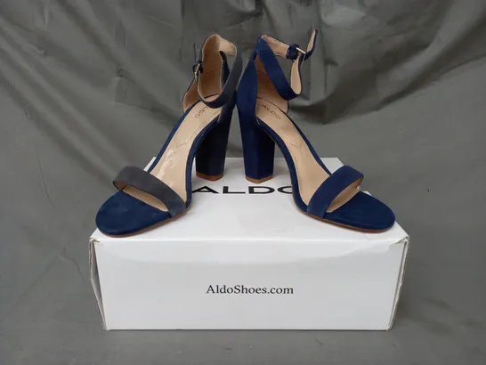 BOXED PAIR OF ALDO JERAYCLYA OPEN TOE BLOCK HEEL SANDALS IN NAVY UK SIZE 3