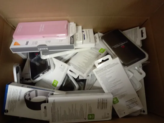 BOX OF APPROX 30 ASSORTED PROTECTIVE PHONE CASES FOR VARIOUS MODELS TO INCLUDE SAMSUNG GALAXY S9+ , GALAXY S22+, IPHONE 2020 5.4" ETC 