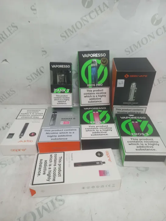 BOX OF APPROXIMATELY 15 ASSORTED E-CIGARATTES TO INCLUDE VAPORESSO, GEEKVAPE, ASPIRE ETC