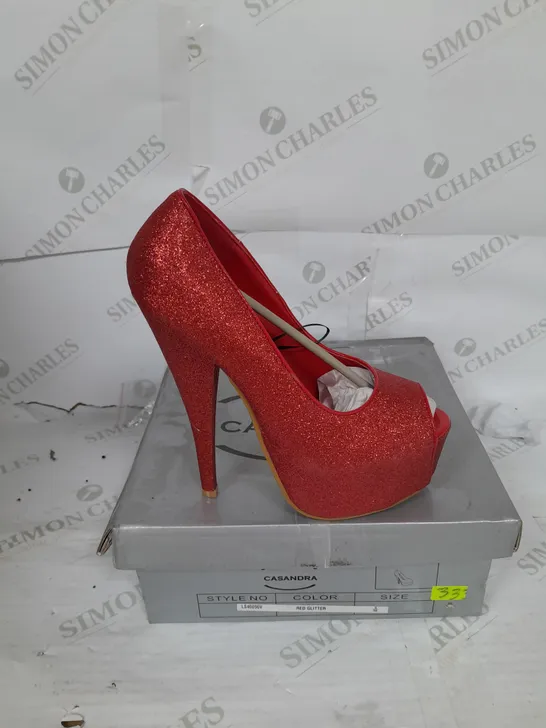 BOXED PAIR OF CASANDRA PLATFORM STILLETO HEEL OPEN TOE IN RED GLITTER SIZE 5