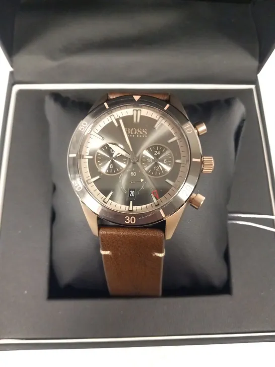 BOXED HUGO BOSS BROWN STRAP WRIST WATCH