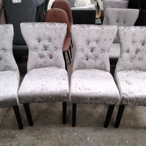 4 DESIGNER GREY PLUSH FABRIC CHAIRS WITH BUTTONED BACK AND BLACK LEGS