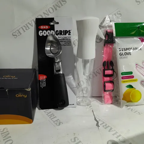 BOX OF APPROX 6 ASSORTED ITEMS TO INCLUDE - OXO GOOD GRIPS - DISPOSABLE GLOVES - WATER SPRAY BOTTLE ECT