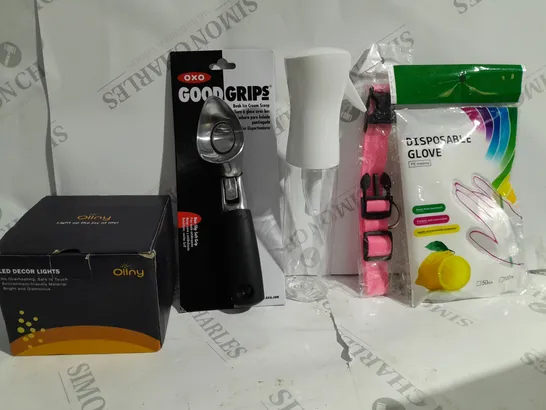 BOX OF APPROX 6 ASSORTED ITEMS TO INCLUDE - OXO GOOD GRIPS - DISPOSABLE GLOVES - WATER SPRAY BOTTLE ECT