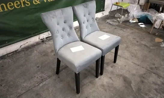 PAIR OF KENSINGTON GREY VELVET BUTTON BACK DINING CHAIRS WITH BLACK LEGS