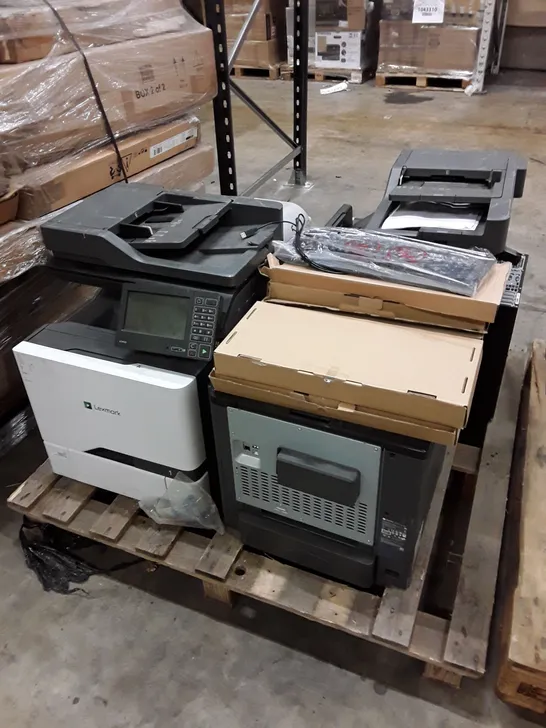 PALLET OF ASSORTED OFFICE EQUIPMENT INCLUDING PRINTERS, DESKTOP & KEYBOARDS 