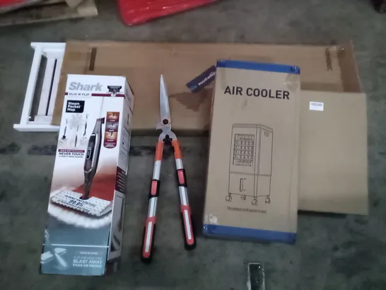 PALLET OF ASSORTED ITEMS INCLUDING GARDEN SHEARS, AIR COOLER, SHARK STEAM POCKET MOP, HOMIDEC FOLDOUT CHAIR, FRIDGE ORGANISER 