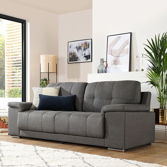 BOXED DESIGNER KANSAS SLATE GREY FABRIC THREE SEATER SOFA