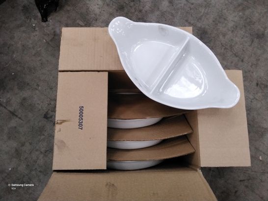 LOT OF 4 ASSORTED BOXES OF DESIGNER CATERING EQUIPMENT ITEMS TO INCLUDE DESIGNER WHITE DIVIDED VEGETABLE PLATE SET, TABLE CRAFT BOX OF 12 PLASTIC CONDIMENT BOTTLES, CATERMASTER PAN SET OF 4 ETC