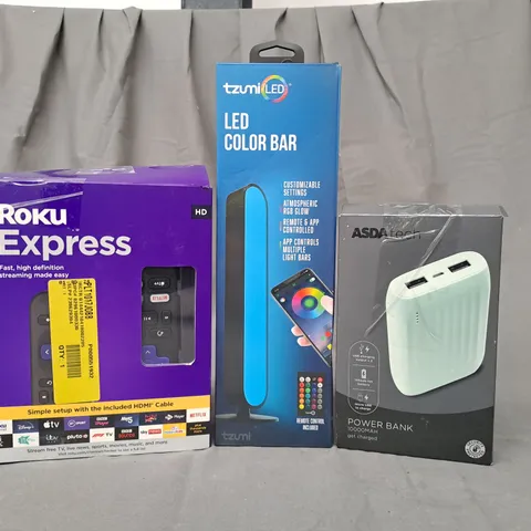 BOX OF APPROXIMATELY 50 ASSORTED ELECTRICAL ITEMS TO INCLUDE ROKU EXPRESS, LED COLOUR BAR, POWER BANK, ETC