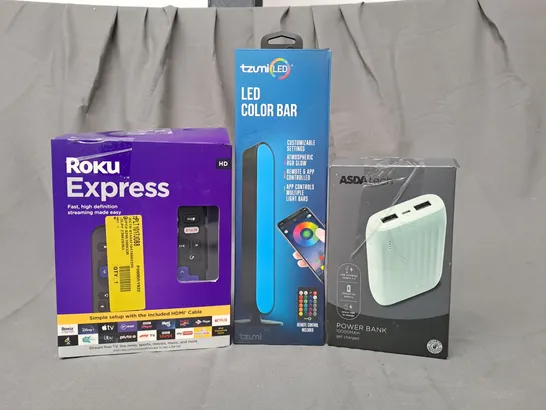 BOX OF APPROXIMATELY 50 ASSORTED ELECTRICAL ITEMS TO INCLUDE ROKU EXPRESS, LED COLOUR BAR, POWER BANK, ETC