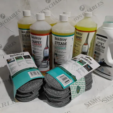 APPROXIMATELY 9 ASSORTED BELDRAY HOUSEHOLD CLEANING PRODUCTS TO INCLUDE SPOT BUSTER CLEANING SOLUTION, CARPET CLEANING SOLUTION, STEAM CLEANER DETERGENT ETC.