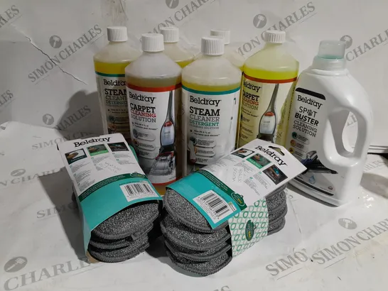 APPROXIMATELY 9 ASSORTED BELDRAY HOUSEHOLD CLEANING PRODUCTS TO INCLUDE SPOT BUSTER CLEANING SOLUTION, CARPET CLEANING SOLUTION, STEAM CLEANER DETERGENT ETC.