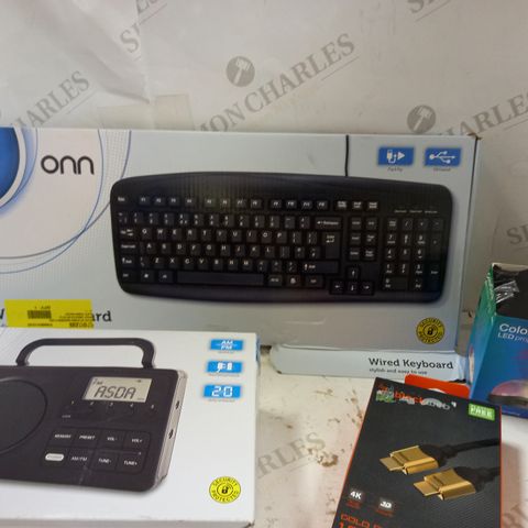 LOT OF APPROX 10 ASSORTED ITEMS TO INCLUDE ONN WIRELESS KEYBOARD, ONN PORTABLE AM/FM RADIO, BLACKWEB HDMI CABLE
