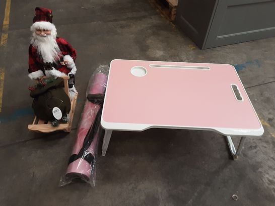 PALLET OF ASSORTED ITEMS TO INCLUDE VLIKEZE LAPTOP BED TABLE, FESTIVE SANTA AND SLEDGE DECORATION AND ELEVATED LOTUS YOGA MAT
