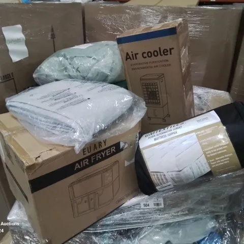 PALLET CONTAINING VARIOUS ASSORTED ITEMS TO INCLUDE:PET GROOMING KIT AND VACUUM, AIR COOLER, AIR FRYER MATTRESS TOPPER, ETC.