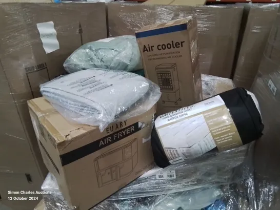 PALLET CONTAINING VARIOUS ASSORTED ITEMS TO INCLUDE:PET GROOMING KIT AND VACUUM, AIR COOLER, AIR FRYER MATTRESS TOPPER, ETC.