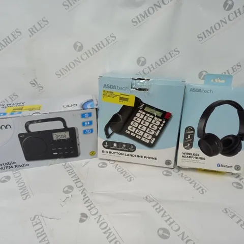 APPROXIMATELY 20 ASSORTED ITEMS TO INCLUDE PORTABLE RADIO, WIRELESS HEADPHONES, BIG BUTTON LANDLINE PHONE ETC. 