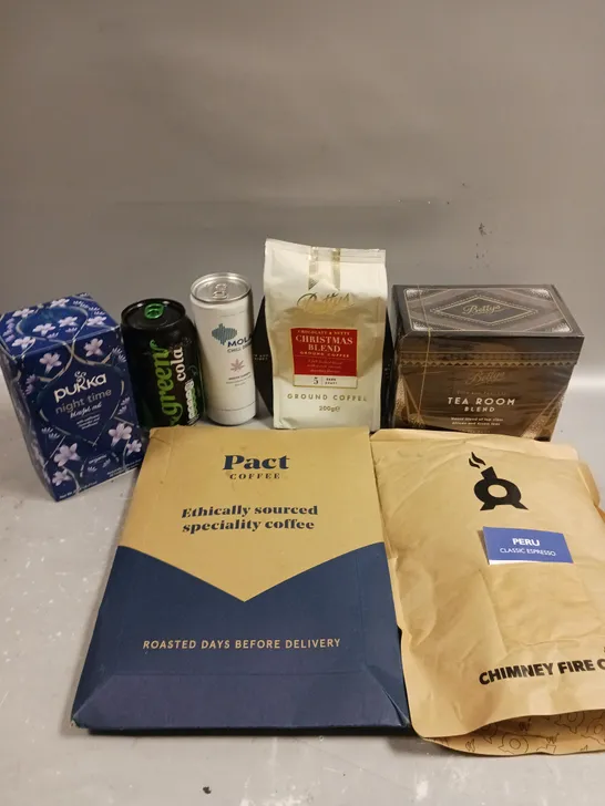 APPROXIMATELY 10 ASSORTED FOOD/DRINK PRODUCTS TO INCLUDE PACT COFFEE, GREEN COLA, BETTYS TEA ETC 