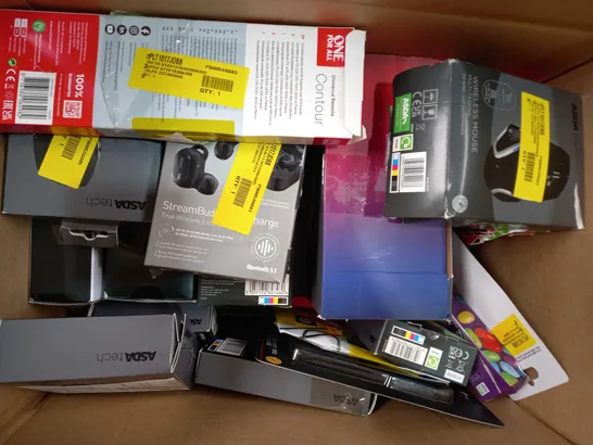 BOX OF APPROXIMATELY 20 ASSORTED ELECTRICAL ITEMS TO INCLUDE ASDA TECH POCKET RADIO, ASDA TECH SYNC AND CHARGE CABLE, MIXX STREAMBUDS LX TRUE WIRELESS EARBUDS, ETC