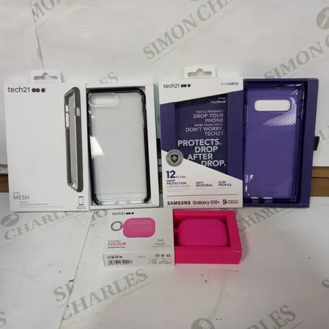 BOX OF BRAND NEW PHONE AND AIRPOD CASES TO INCLUDE 43 TECH21 EVO MESH 3M DROP PROTECTION FOR IPHONE 7/8 PLUS PHONE CASES, 34 TECH 21 12FT DROP PROTECTION ANTI-MICROBIAL SLIM PROFILE SAMSUNG GALAXY S10