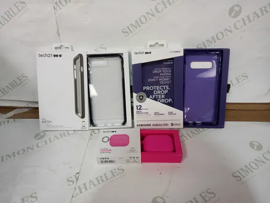 BOX OF BRAND NEW PHONE AND AIRPOD CASES TO INCLUDE 43 TECH21 EVO MESH 3M DROP PROTECTION FOR IPHONE 7/8 PLUS PHONE CASES, 34 TECH 21 12FT DROP PROTECTION ANTI-MICROBIAL SLIM PROFILE SAMSUNG GALAXY S10