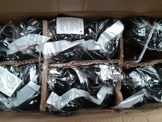 BOX OF APPROXIMATELY 20 PAIRS OF ASPIRER LOW BLOCK HEEL SANDALS IN GLOSSY BLACK - VARIOUS SIZES