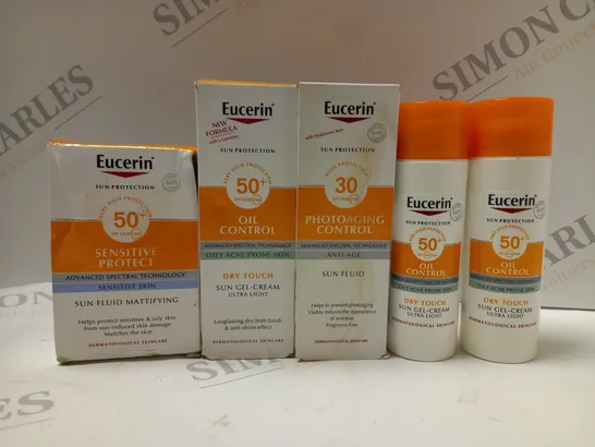 BOX OF APPROX 5 ASSORTED EUCERIN PRODUCTS TO INCLUDE SUN GEL-CREAM, SUN FLUID, SUN FLUID MATTIFYING, ETC 