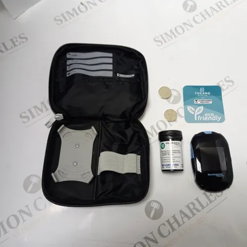 BOXED GLUCOFIX TECH BLOOD GLUCOSE LEVEL MONITOR, WITH TEST STRIPS AND CARRY CASE