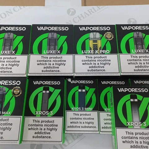 LOT OF 10 ASSORTED VAPORESSO E-CIGS TO INCLUDE LUXE MAX AND XROS 3