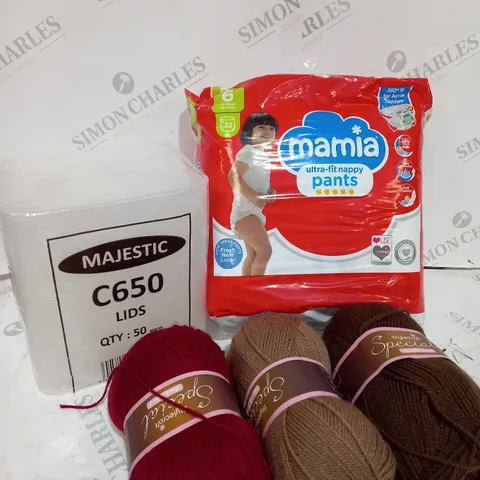 BOX OF APPROXIMATELY 10 ASSORTED PRODUCTS TO INCLUDE MAMIA NAPPYS, YARN, LAUNDRY BIN ETC