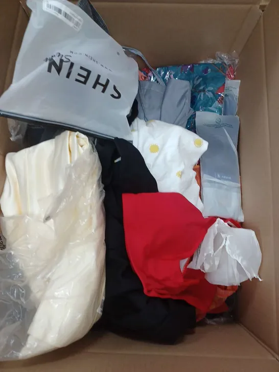 BOX OF APPROXIMATELY 22 ASSORTED CLOTHING ITEMS TO INCLUDE - SOCKS , DRESS , BIKINI PANTS ETC