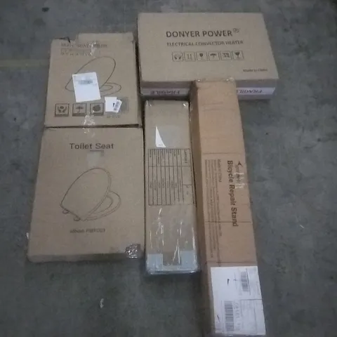 PALLET OF ASSORTED ITEMS INCLUDING MASS DYNAMICS TOILET SEAT, DONYER POWER ELECTRICAL CONVECTOR HEATER, PORTNEER BICYCLE REPAIR STAND, FIREPLACE TOOL