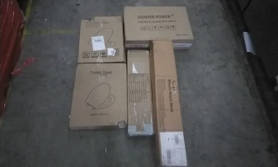 PALLET OF ASSORTED ITEMS INCLUDING MASS DYNAMICS TOILET SEAT, DONYER POWER ELECTRICAL CONVECTOR HEATER, PORTNEER BICYCLE REPAIR STAND, FIREPLACE TOOL